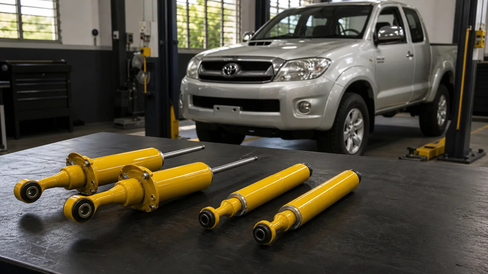 Yellow Profender PAG front and rear shock absorber set arranged beside a Toyota Hilux Vigo Prerunner in a clean workshop