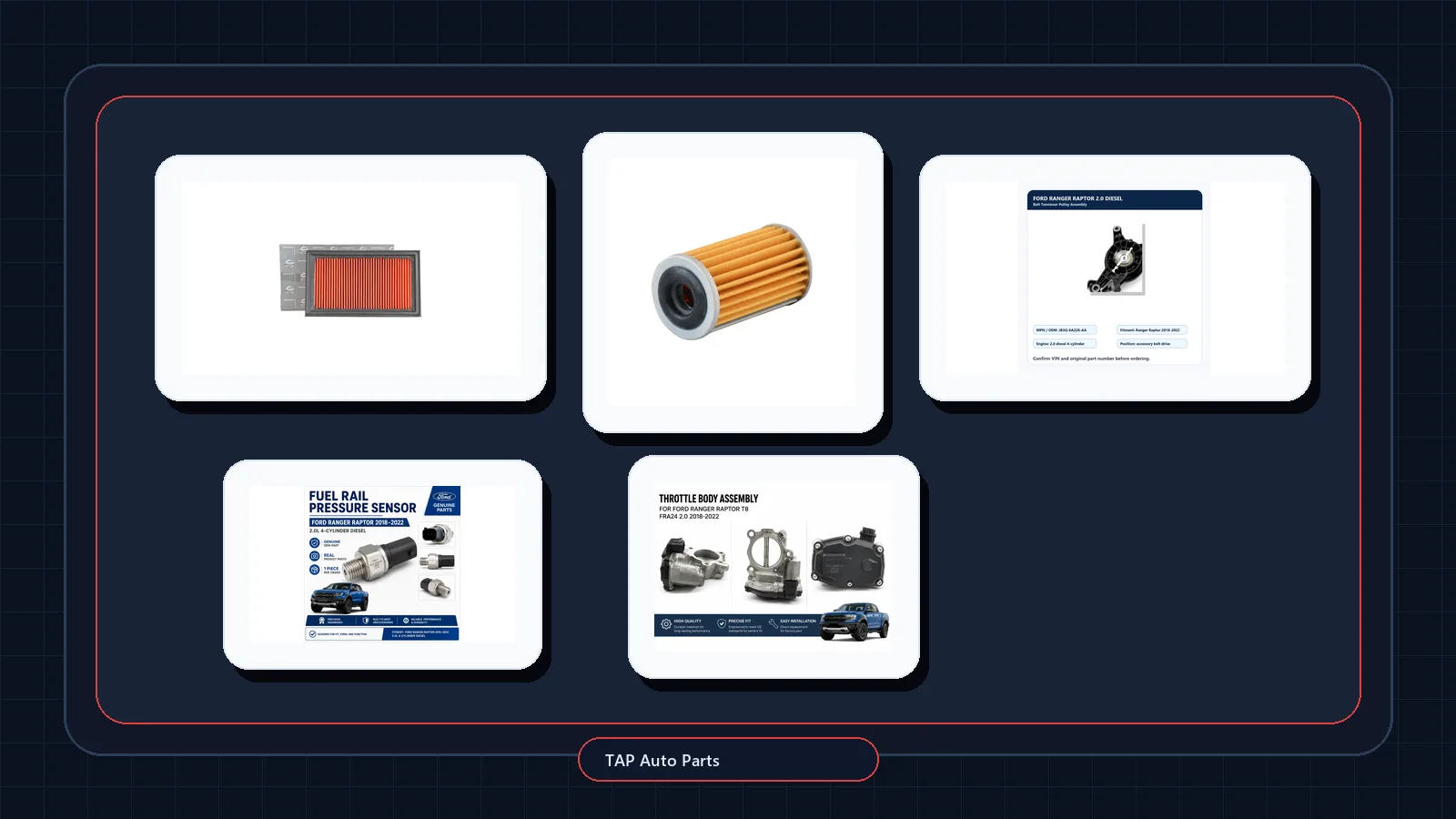 Catalog-style cover showing Nissan filters and Ford Ranger service parts for an export buying guide