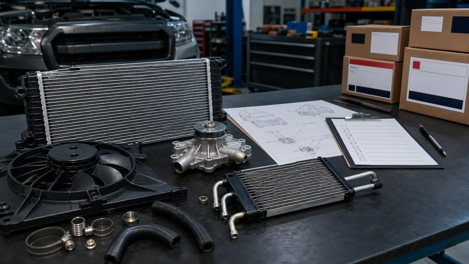 Generated workshop image showing Ford Ranger 2.0 diagnostic and heat-management repair planning for export buyers