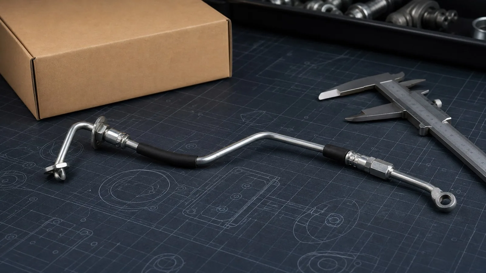 Unbranded clutch hydraulic pipe on a professional workshop bench for Ford Ranger export parts guide