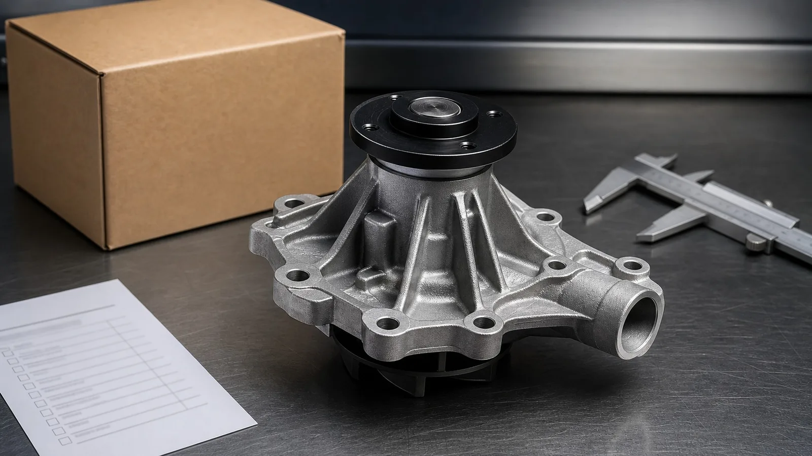 Photorealistic water pump replacement part on a clean export auto-parts workshop bench