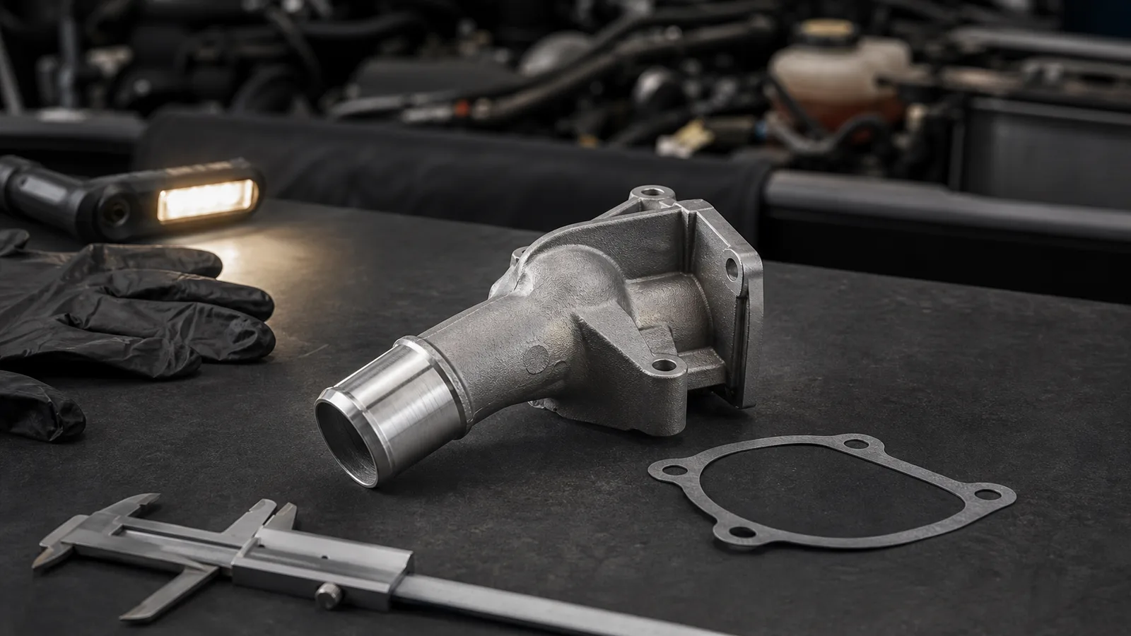 Unbranded cast-metal lower water outlet housing with pipe and gasket on a clean automotive service bench