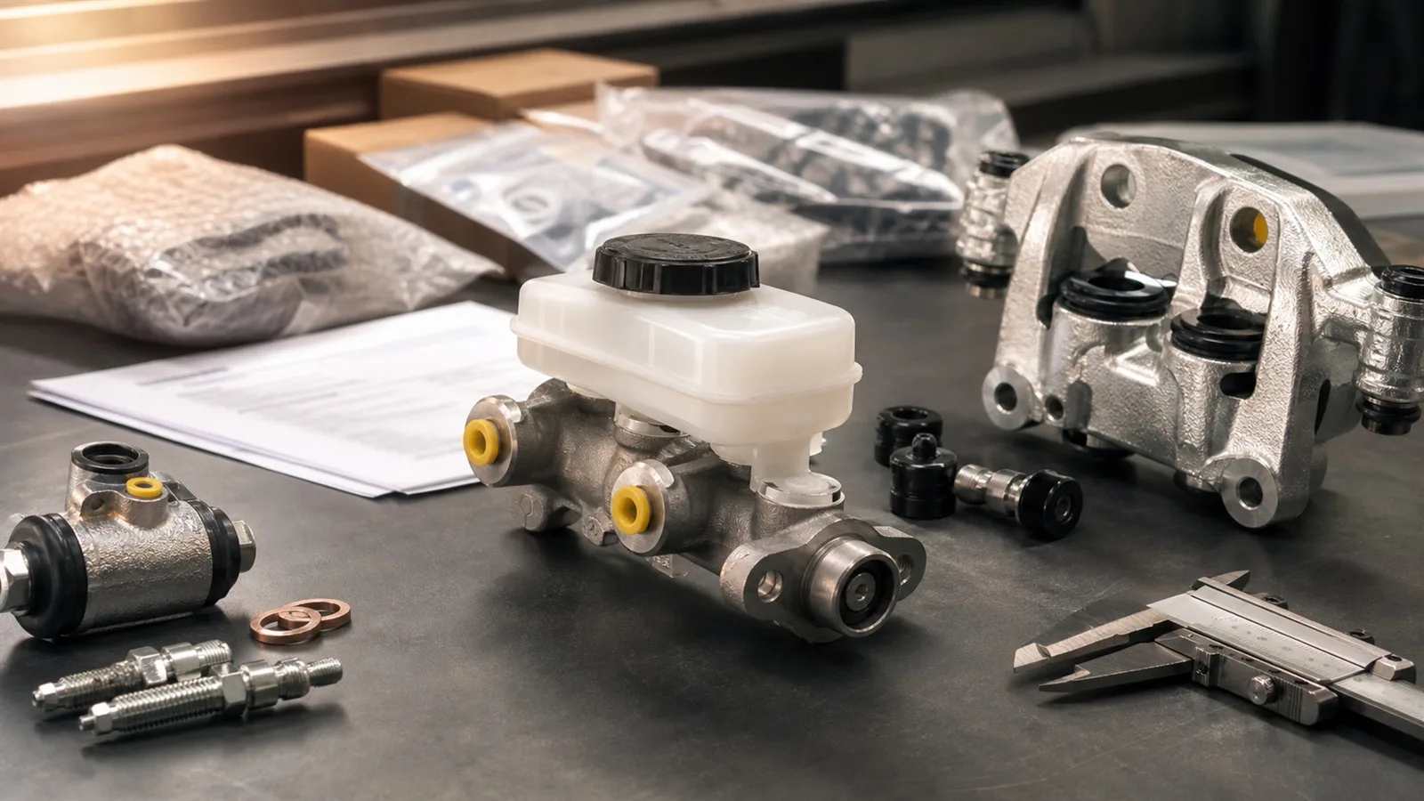 Photorealistic export parts inspection workbench with generic brake master cylinder, hydraulic brake parts, caliper, cartons, and blurred documents