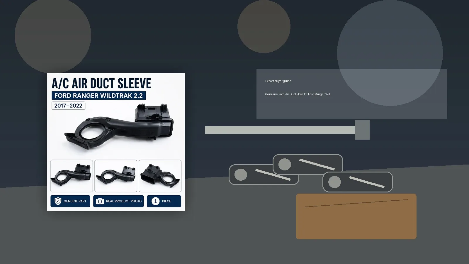 Photorealistic export parts workbench with a generic air duct hose, caliper, clamps, carton, and inspection paperwork