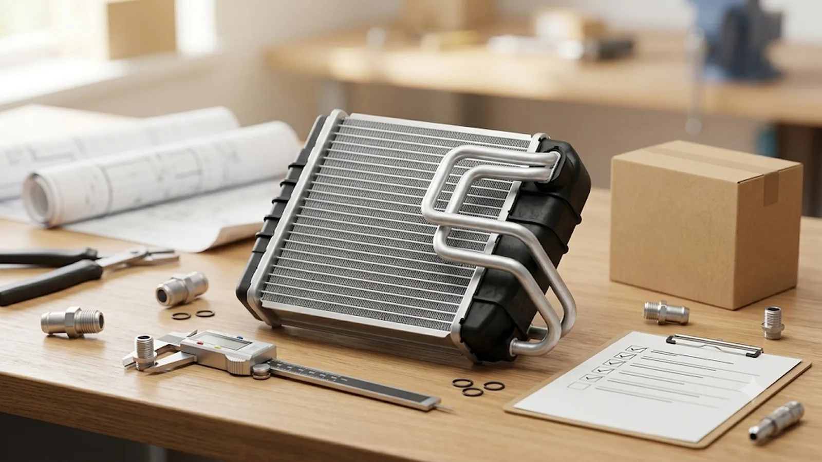 Photorealistic unbranded heater core assembly on a clean export auto parts workbench