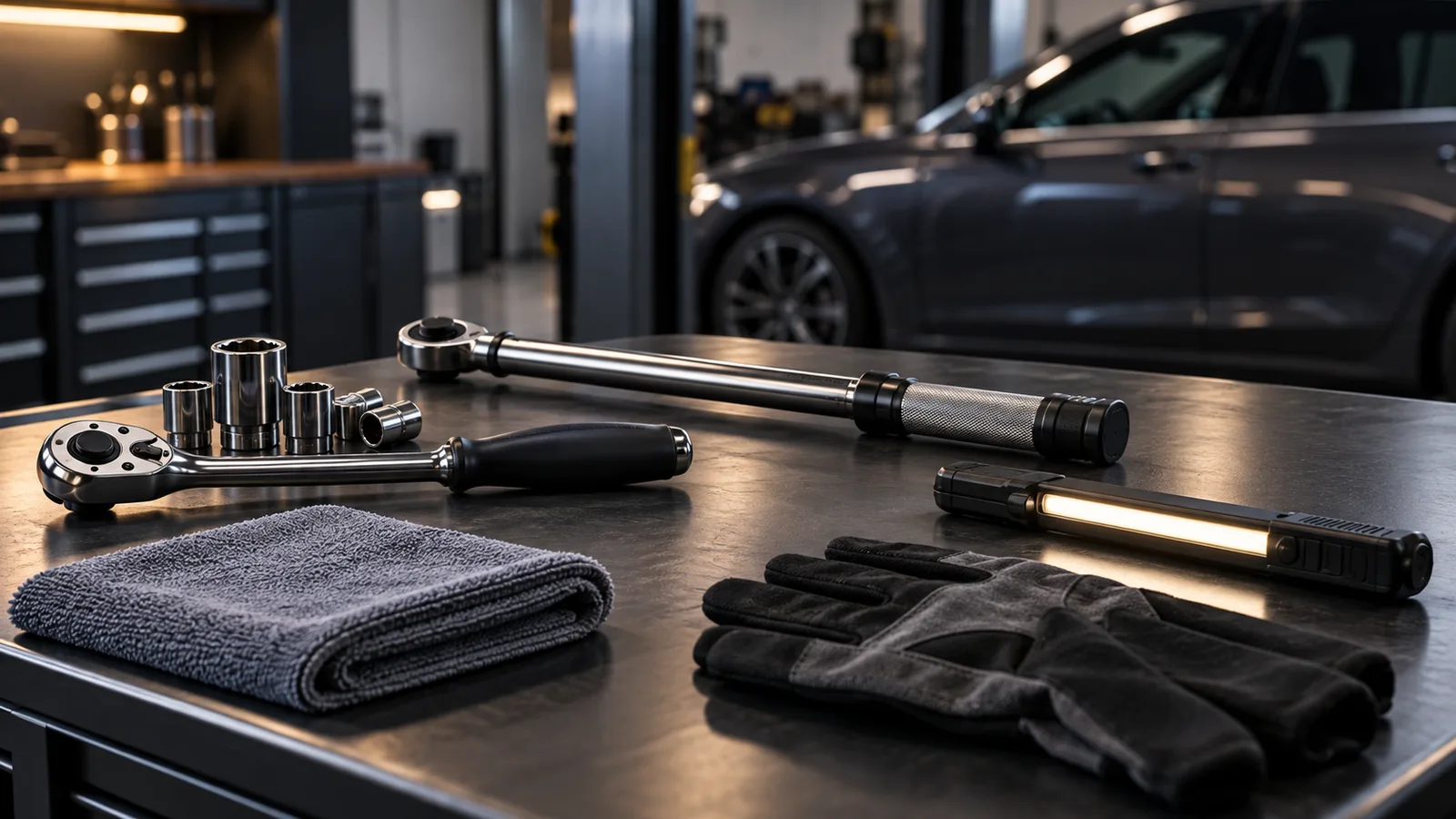 An unbranded workshop preparation scene with clean tools and a neutral vehicle in soft focus.