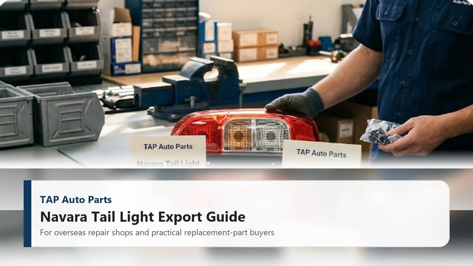 Premium workshop image of a Nissan Navara-style rear tail light replacement part being checked on an export parts counter.