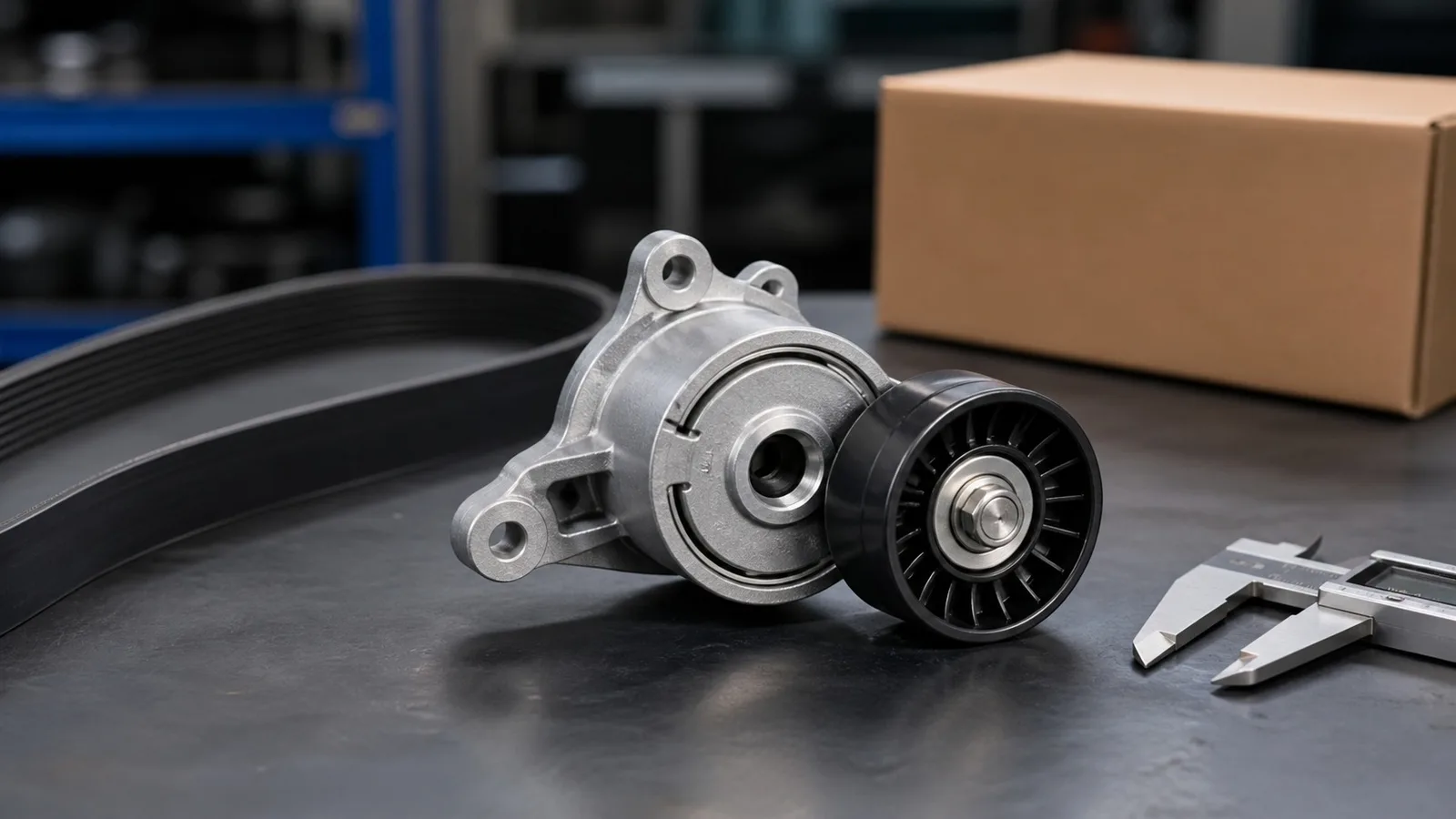 Premium workshop photo of an unbranded belt tensioner pulley assembly with belt and calipers on an export parts bench.