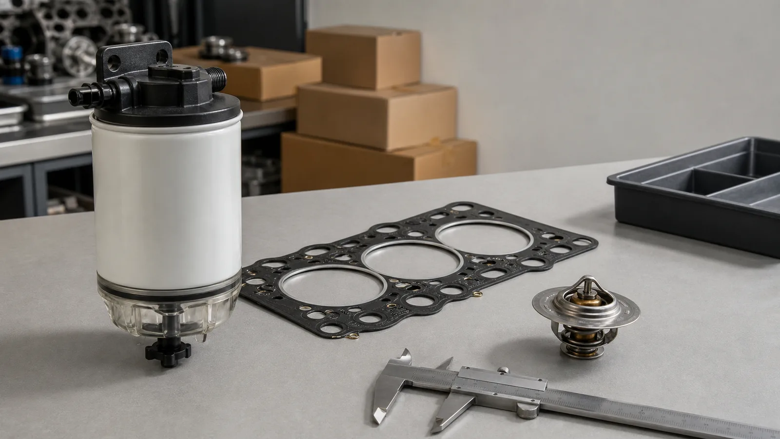 Photorealistic workshop cover showing generic diesel service parts for an Isuzu D-Max export service-parts checklist.