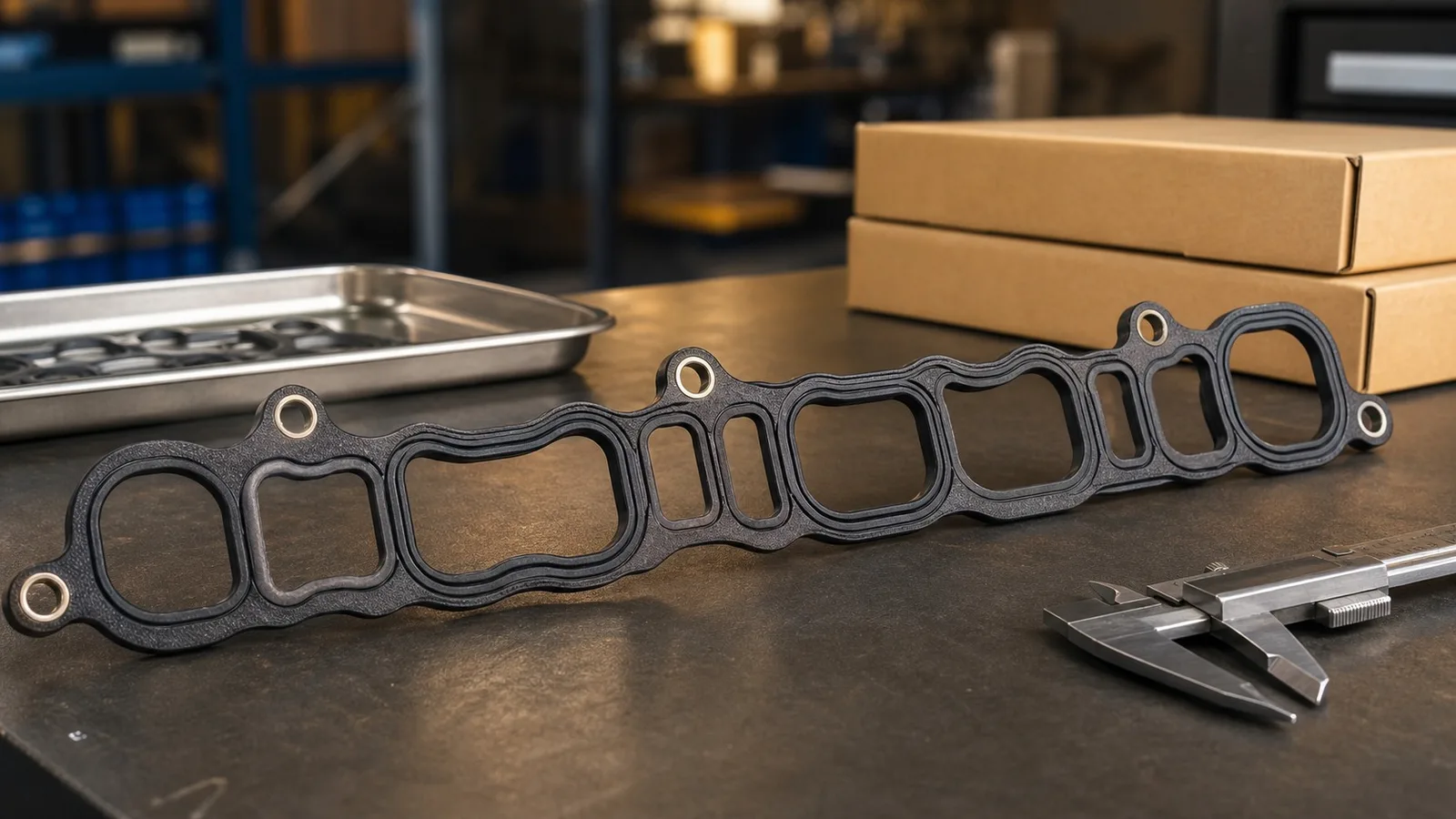 Photorealistic intake manifold gasket on a clean export auto-parts workshop bench