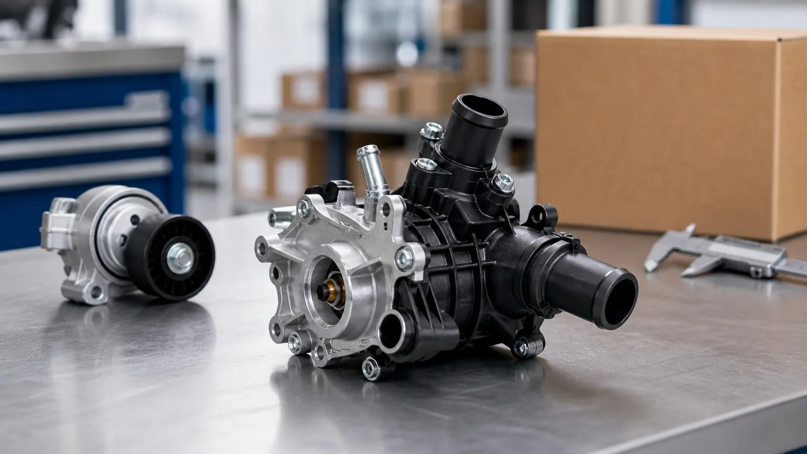 Ford Ranger 2.0 cooling and belt-drive service parts on an export workshop bench