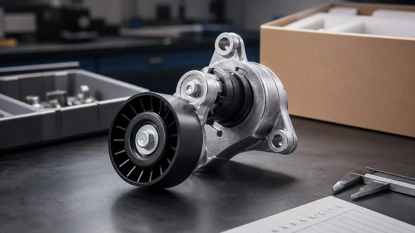 Premium photorealistic unbranded automotive export bench with a generic belt tensioner pulley assembly, caliper, foam packaging, and carton