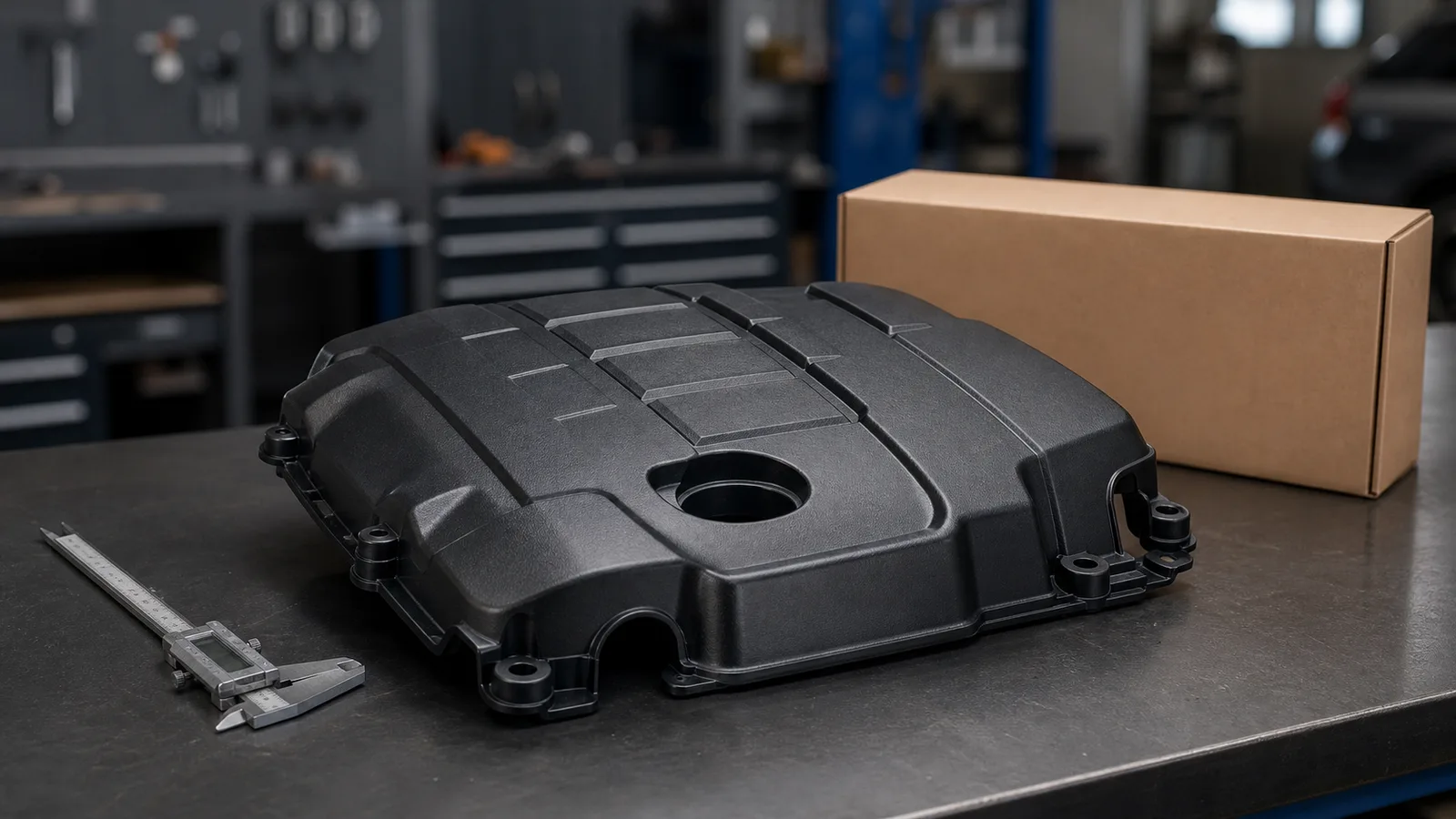 Premium photorealistic black molded automotive engine cover on a clean workshop inspection and export packing bench