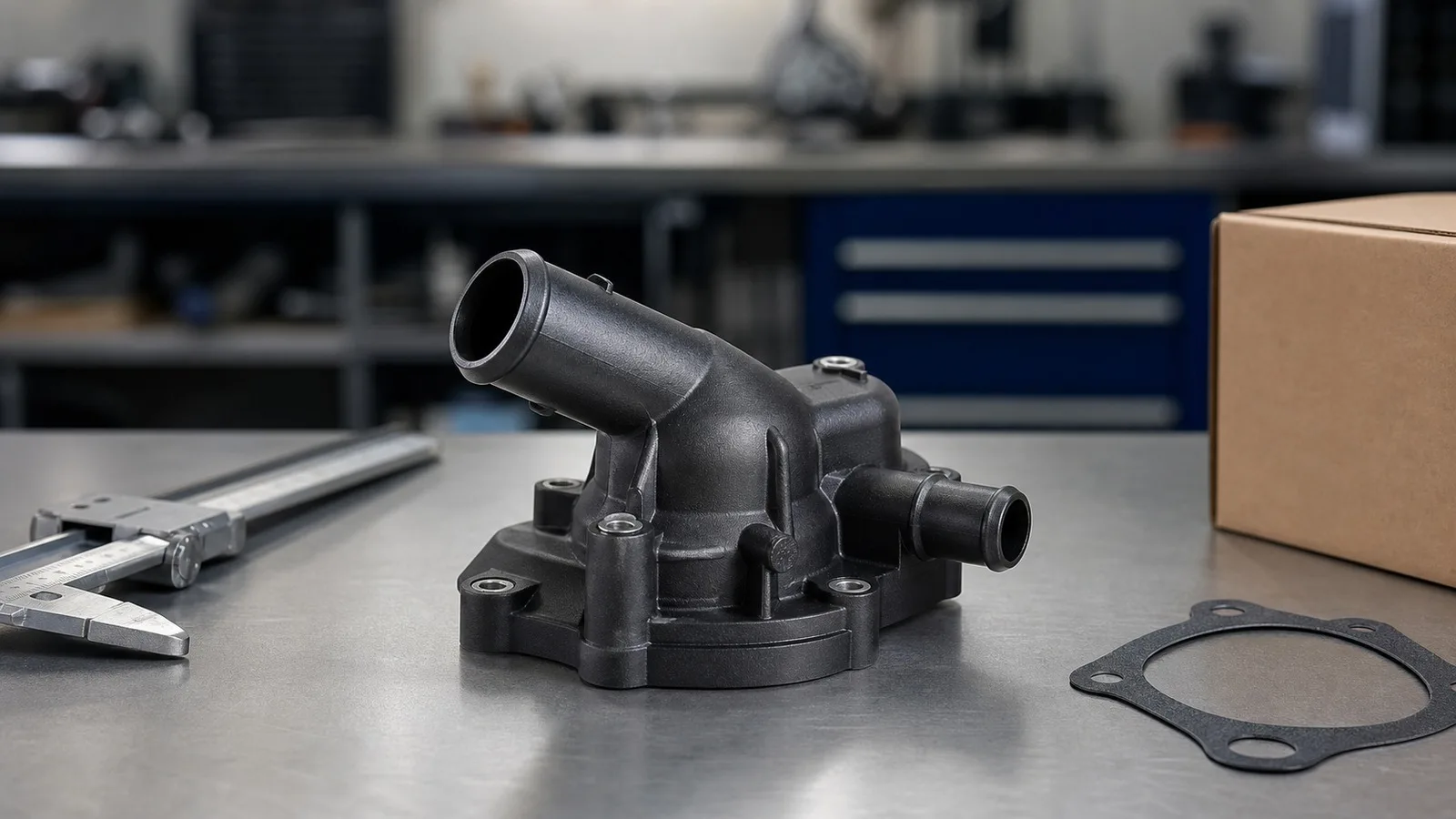 Photorealistic unbranded lower water outlet housing on a clean export auto parts workbench