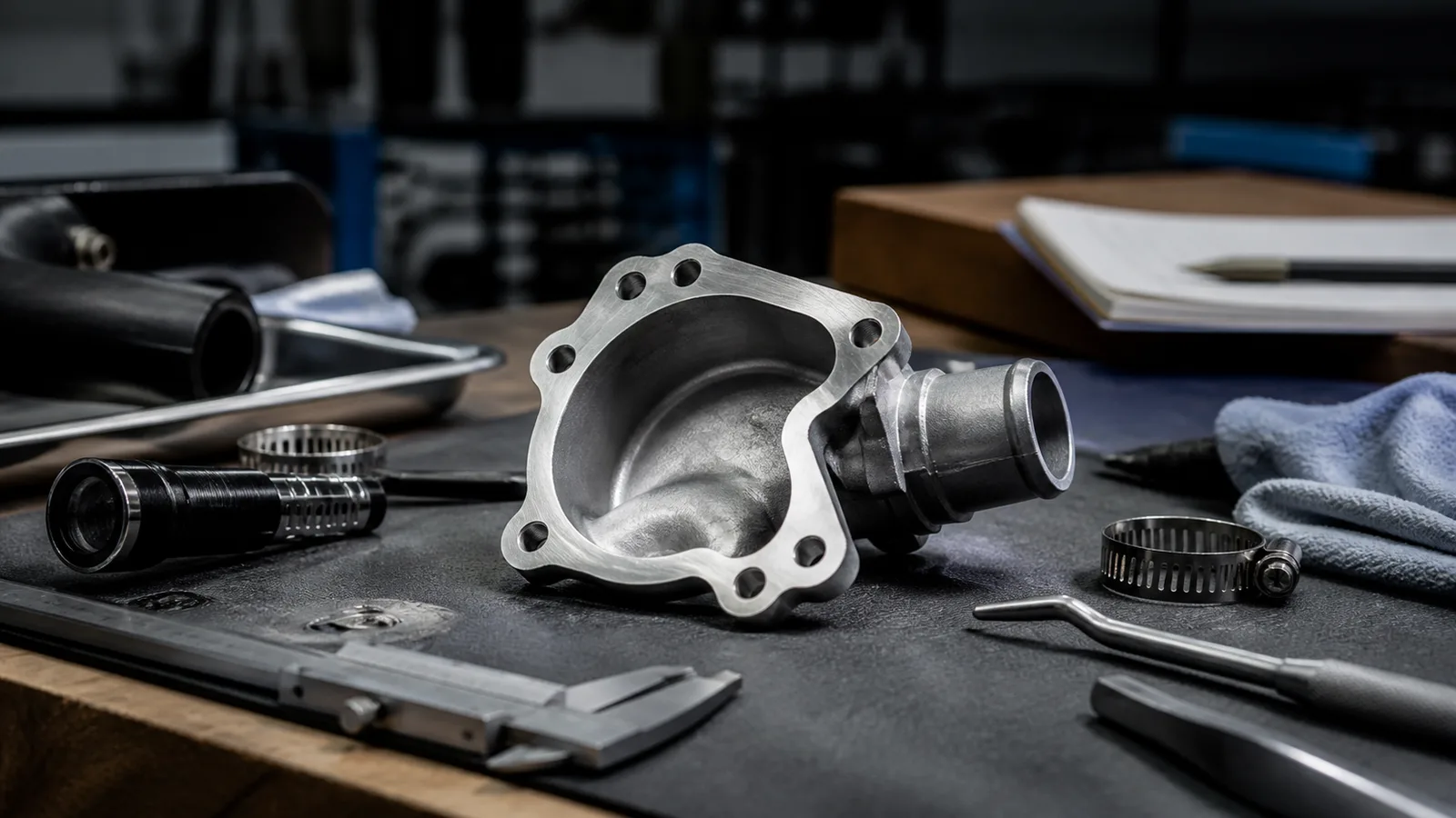 Isuzu water outlet pipe on a clean workshop bench beside calipers, notes, and cooling-system service tools