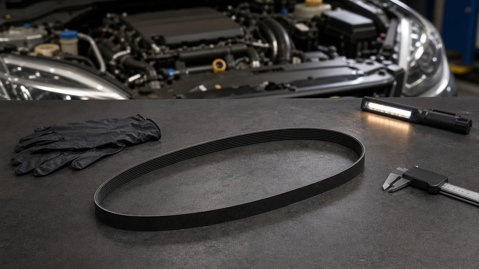 Unbranded multi-rib alternator belt on a clean automotive service bench beside inspection tools