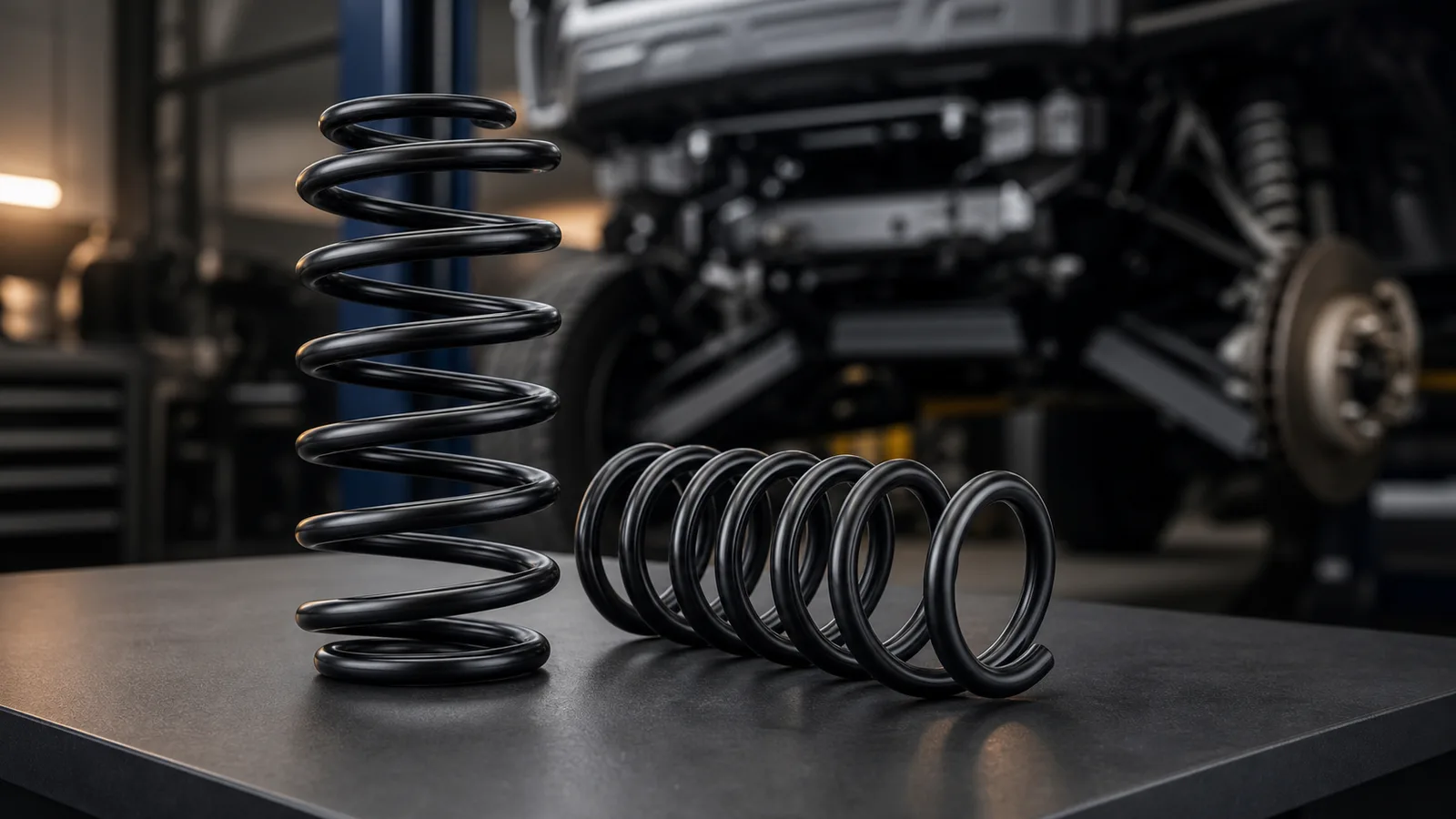 Unbranded progressive front automotive coil springs on a clean workshop bench