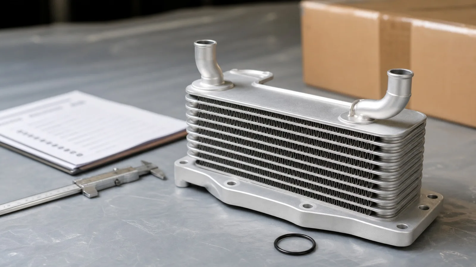 Unbranded aluminum automatic transmission oil cooler and O-ring on a clean export auto parts workbench