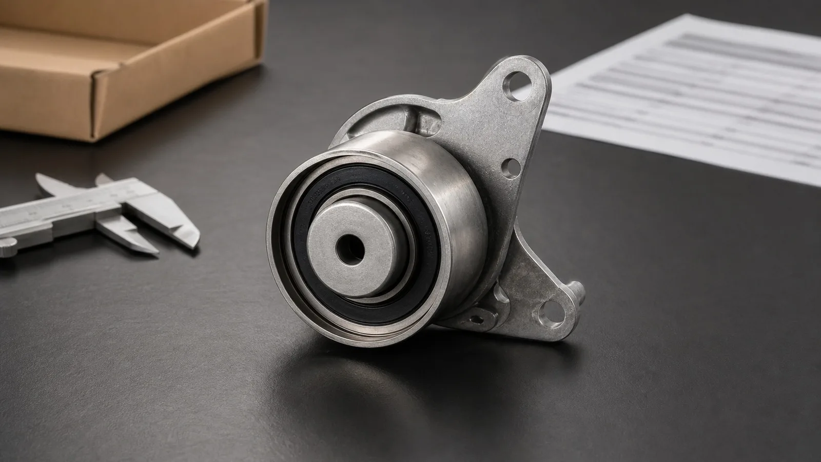 Unbranded timing belt idler pulley and bracket on a clean export auto parts workbench