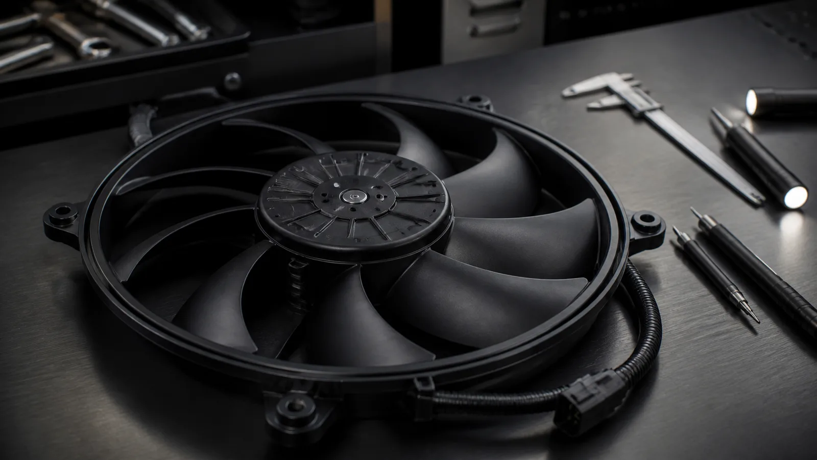Premium automotive workshop scene showing a radiator cooling fan blade inspection for a Ford diesel vehicle