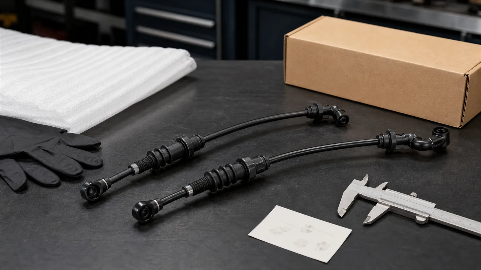 Unbranded clutch hydraulic pipe set on an automotive export inspection bench with packing materials