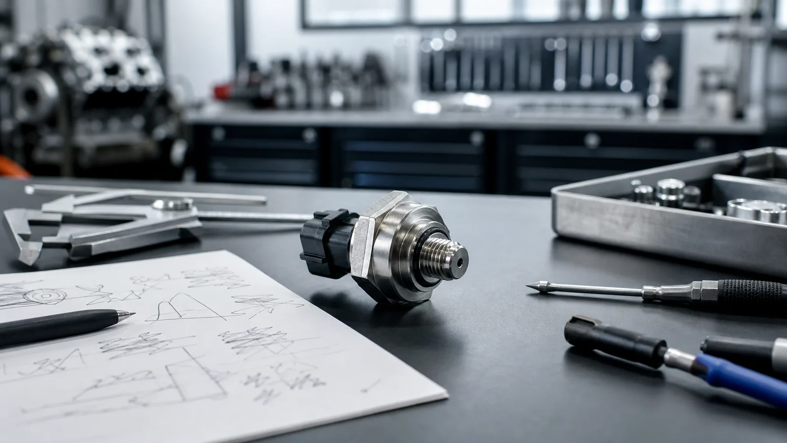 Fuel rail pressure sensor on a clean workshop bench with diagnostic notes, calipers, and diesel service tools