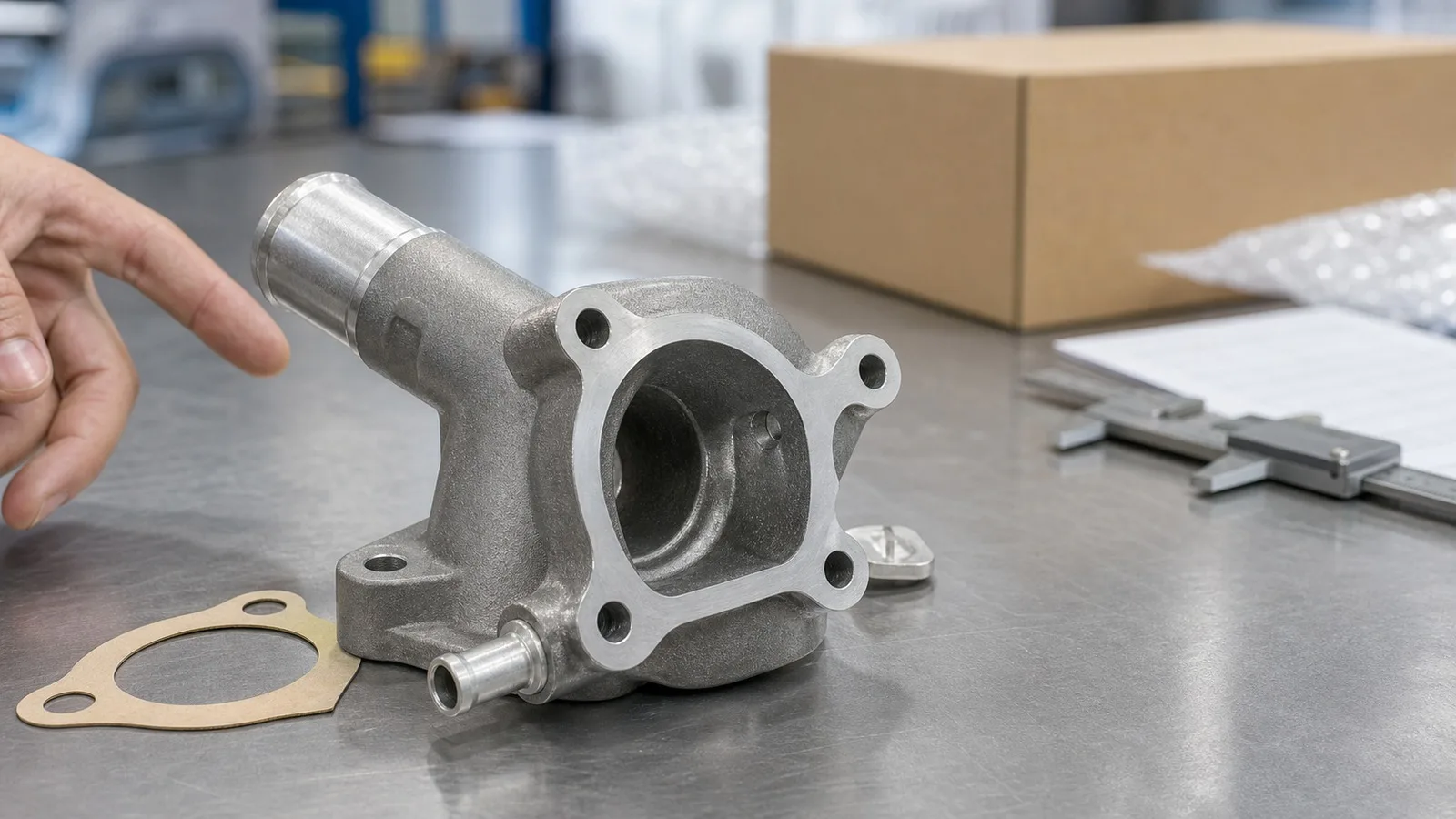 Photorealistic unbranded water outlet housing on a clean export auto parts workbench