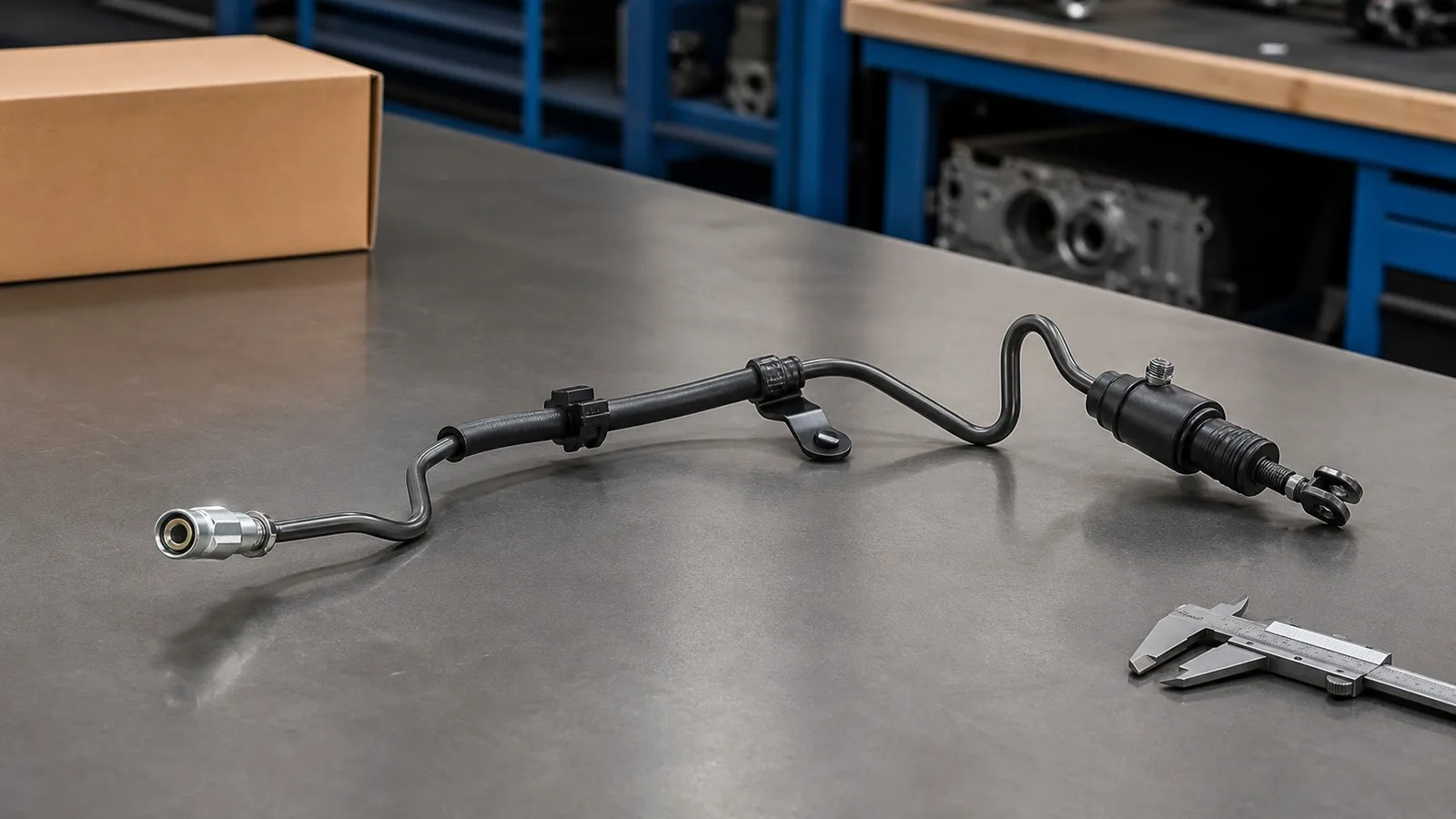 Generic clutch hydraulic pipe set on a clean export workshop bench
