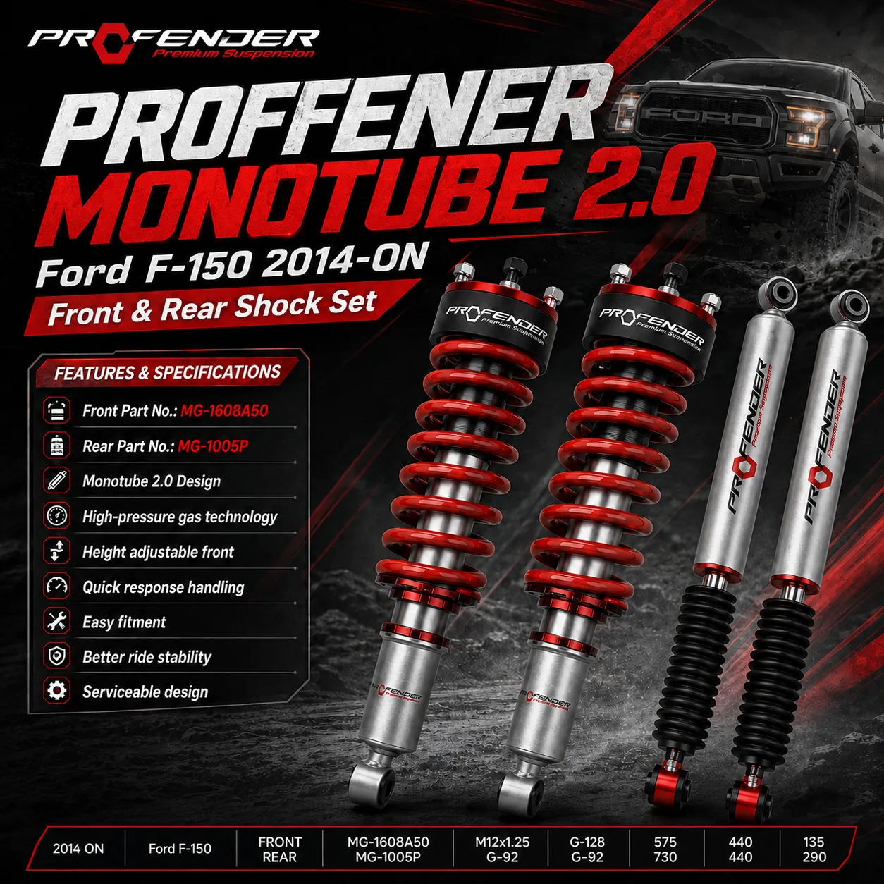 Profender Monotube 2.0 Shock Absorber Set for Ford F-150 2014-On