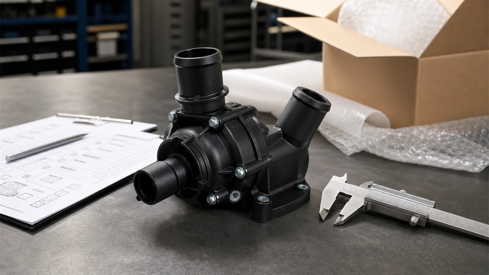 Premium photorealistic workshop inspection scene for generic heater water pump export fitment checklist