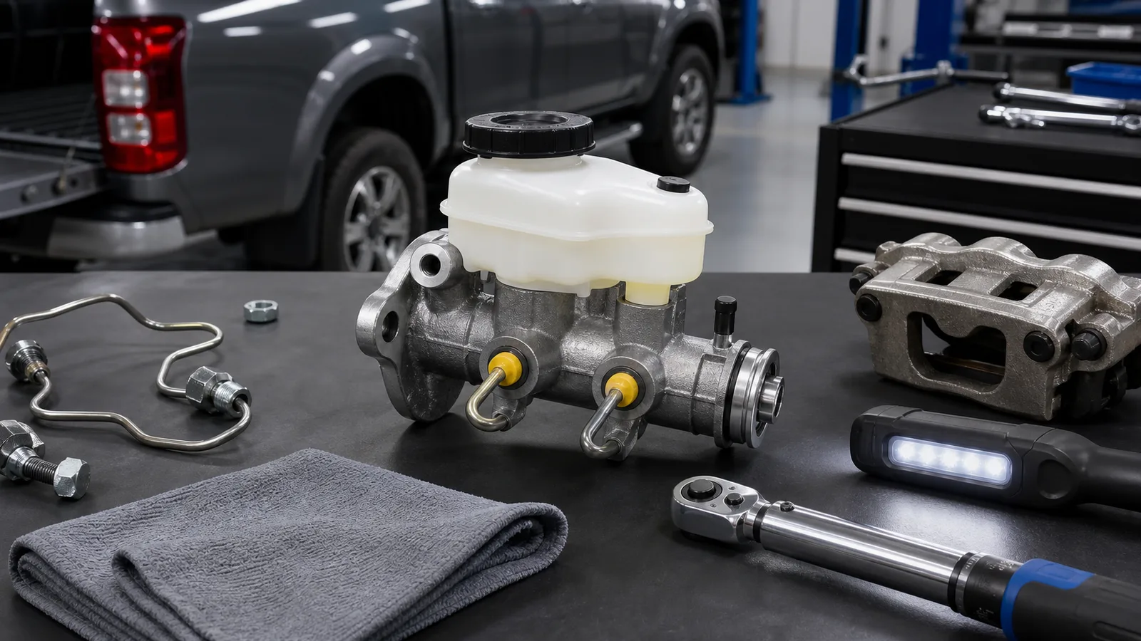 Isuzu D-Max brake master cylinder on a clean workshop bench with brake line fittings and inspection tools