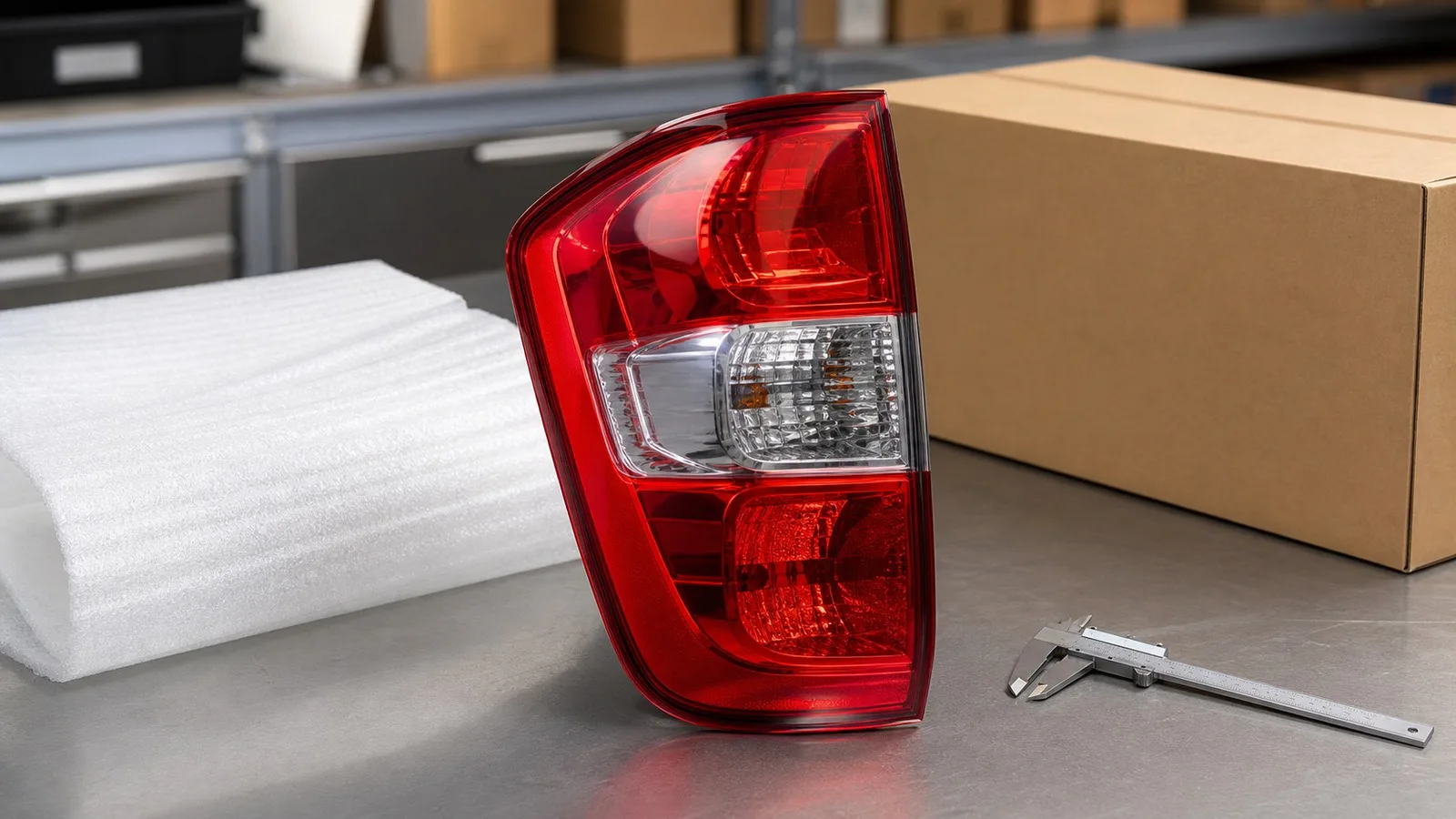 Photorealistic workshop bench with an unbranded pickup tail light assembly, caliper, protective foam, and export carton