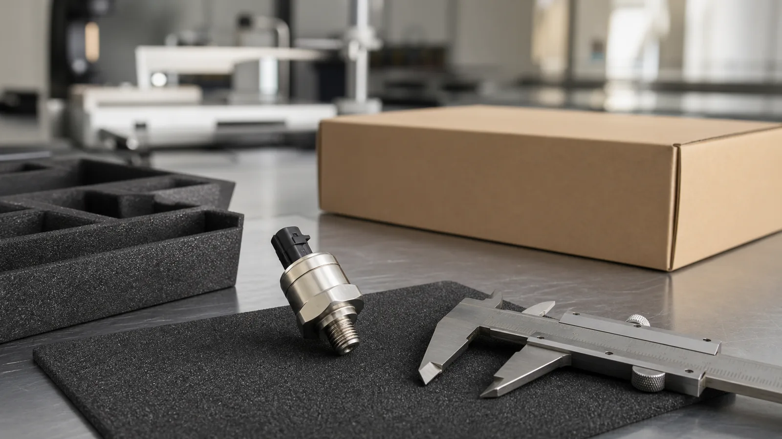 Photorealistic unbranded automotive export inspection bench with a fuel rail pressure sensor, caliper, foam protection, and carton