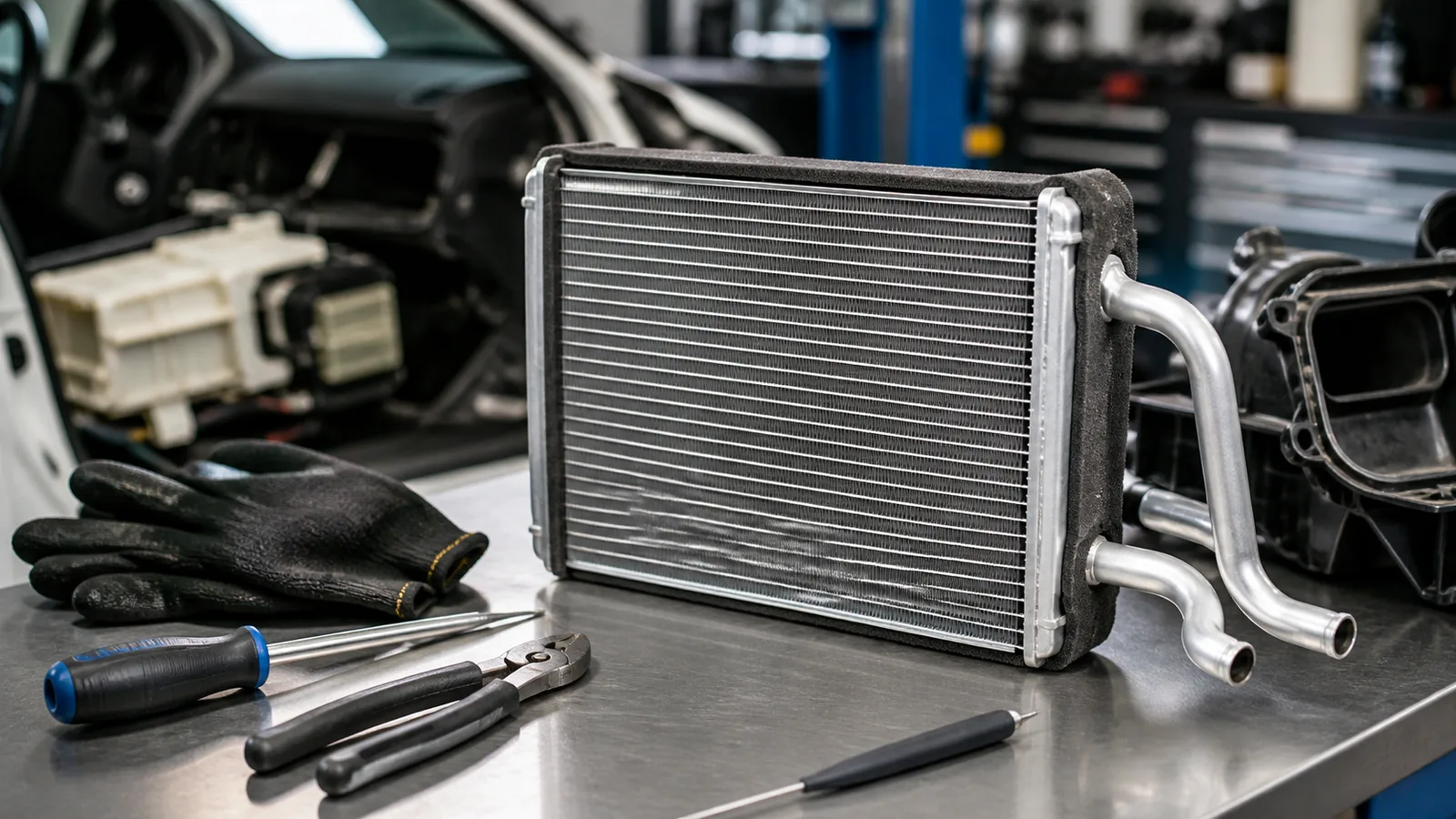 Premium automotive HVAC workshop scene showing a heater core inspection for a Nissan Terra service job