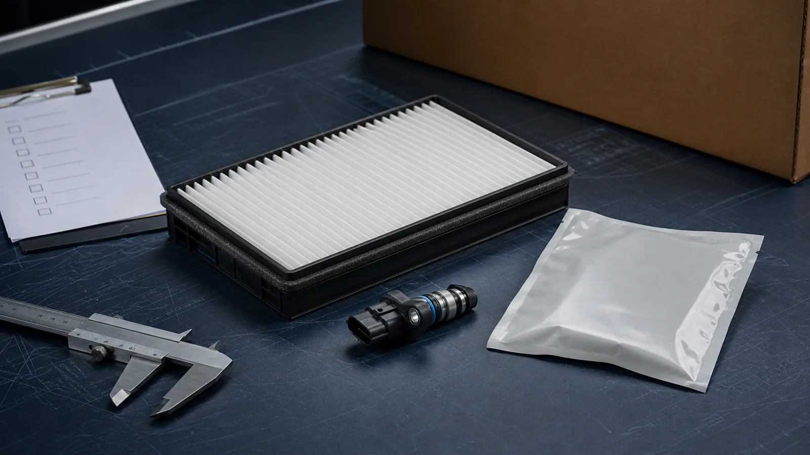 Premium catalog-style cover showing clean auto service parts on an export workshop bench for a TAP Auto Parts buying guide