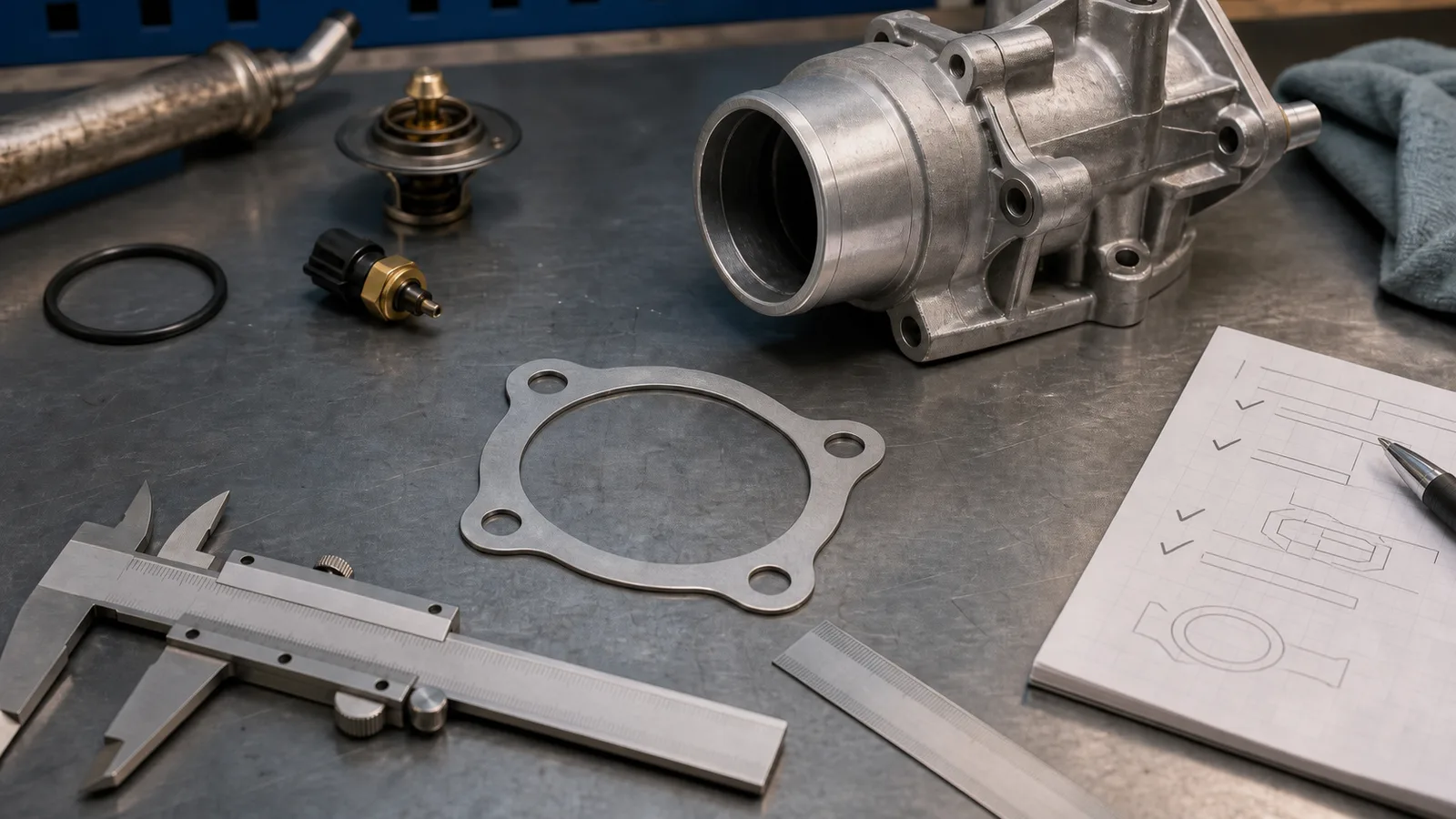 Close view of a metal cooling-system gasket beside a water outlet housing and workshop verification notes