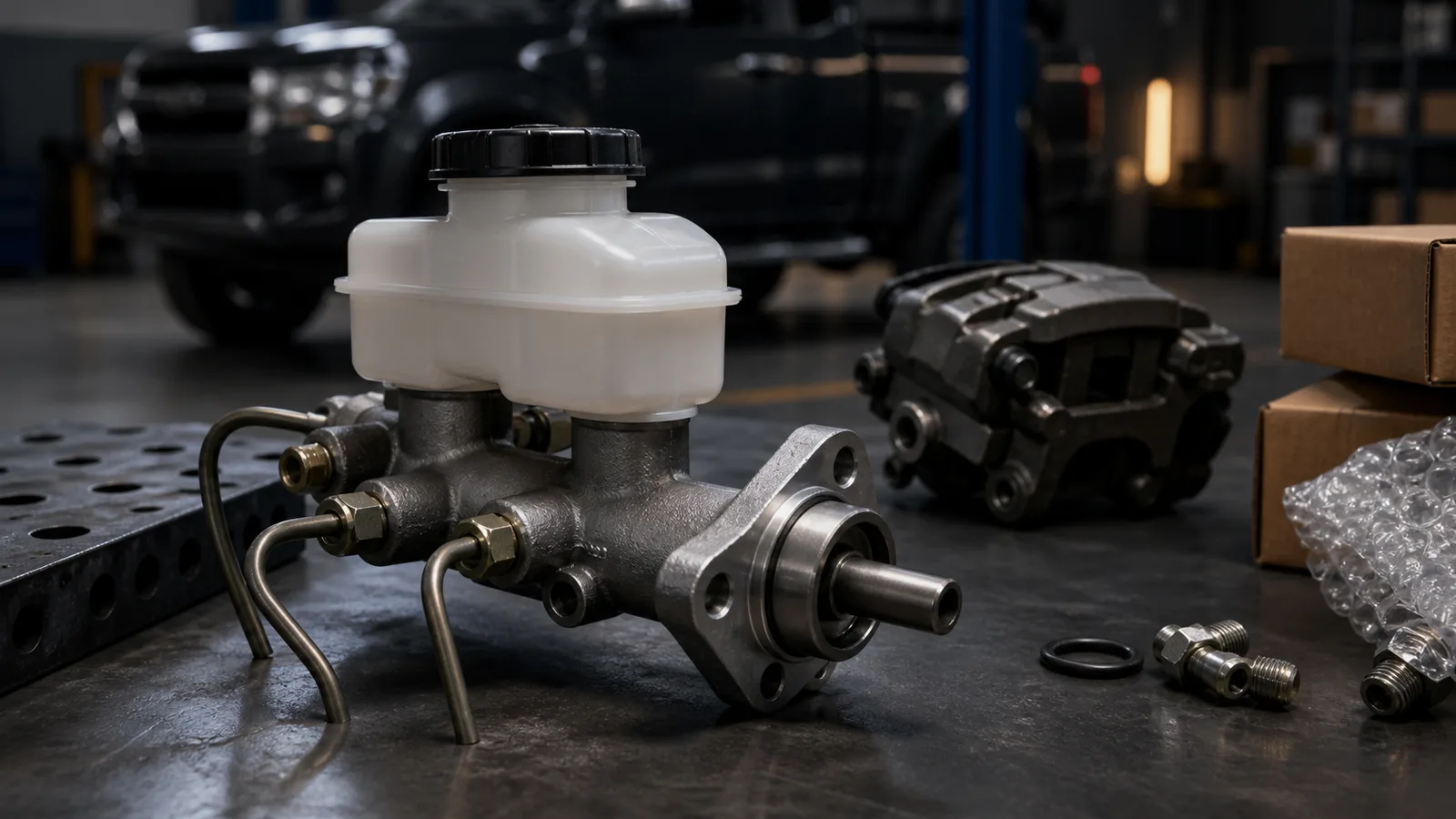 Premium photorealistic automotive workshop scene showing a generic brake master cylinder for TAP Auto Parts fitment checklist