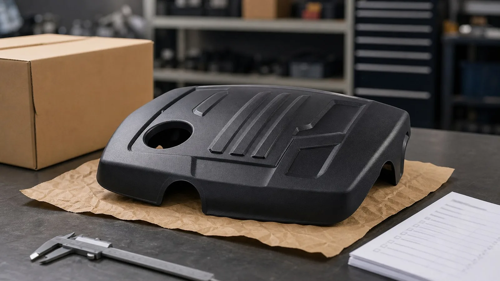 Unbranded black automotive engine cover on a clean export auto parts packing bench