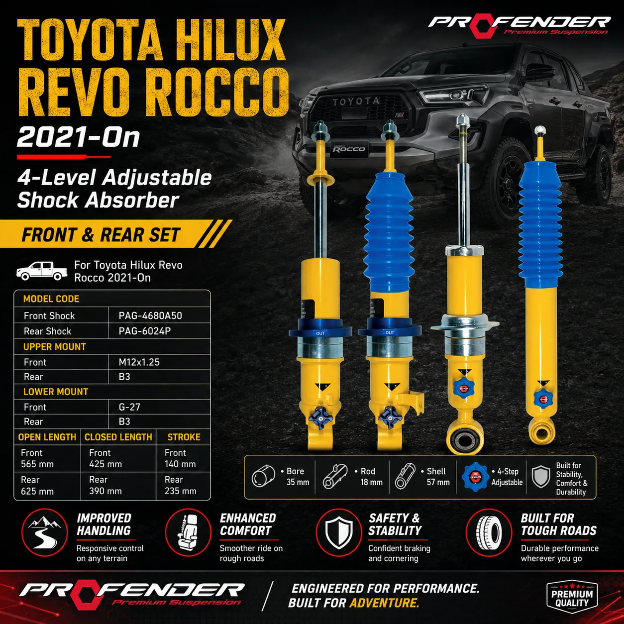 Profender 4-Step Adjustable Shock Absorber Set for Toyota Hilux Revo Rocco 2021-On (Front & Rear Set)