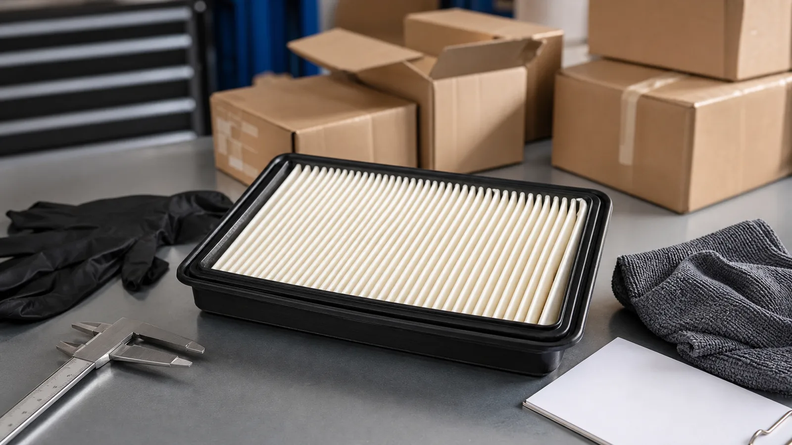 Premium photorealistic automotive service bench with an unbranded rectangular air filter, inspection notes, gloves, and plain export packing