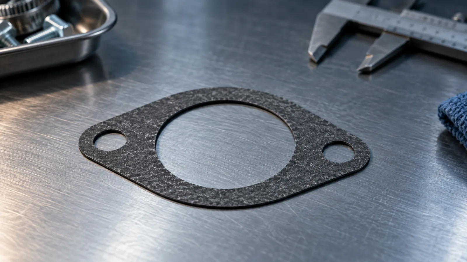 Thin dark-gray Isuzu water outlet gasket on a clean workshop bench