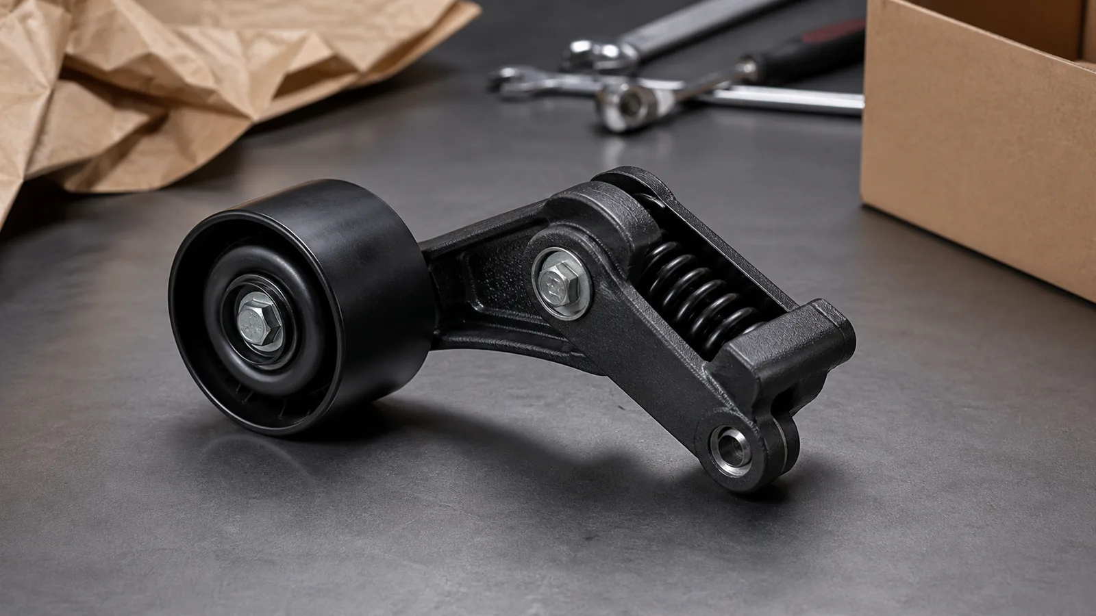 Premium photorealistic automotive service-bench scene showing a generic belt tensioner pulley assembly for TAP Auto Parts fitment checklist