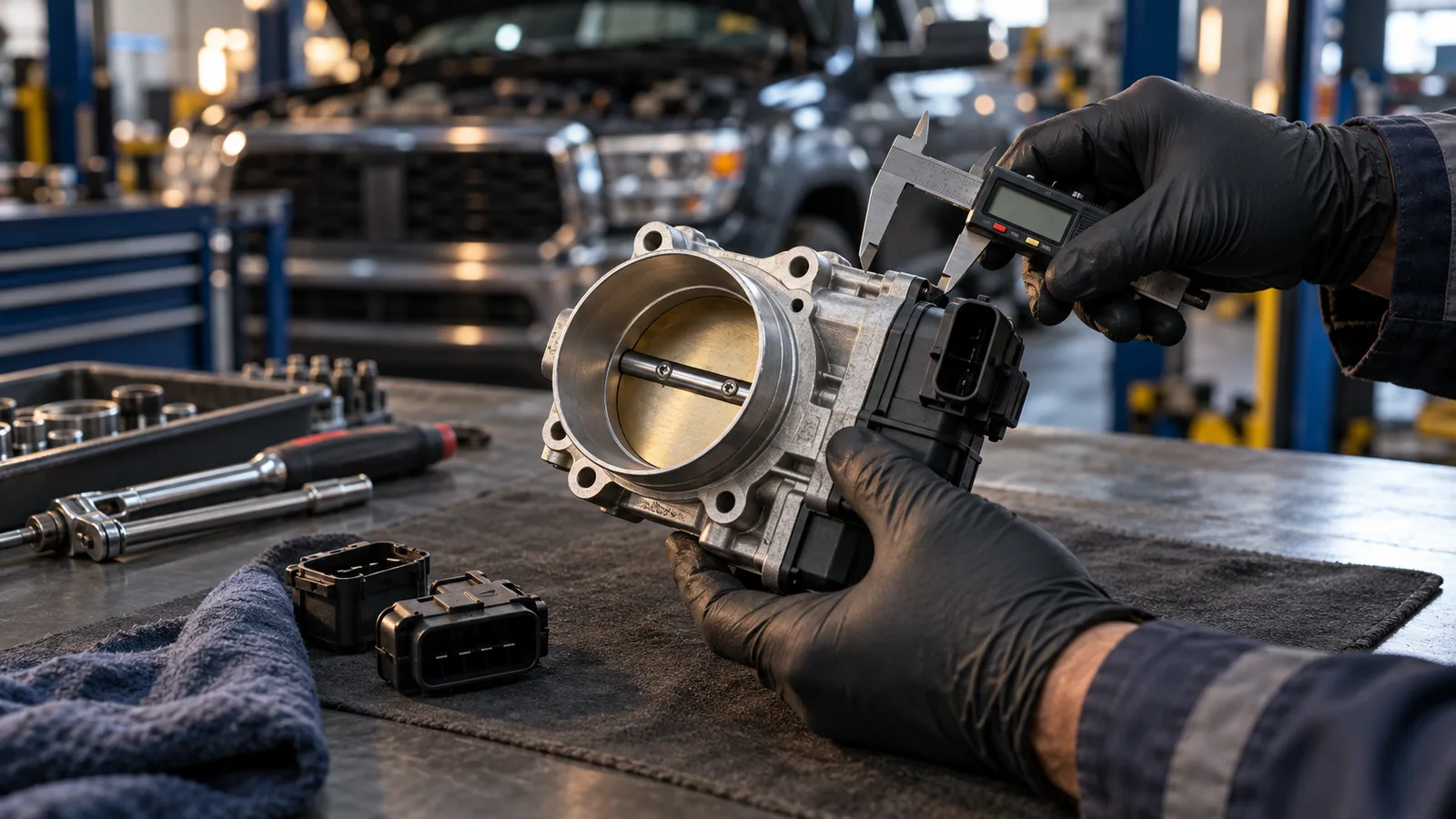 A mechanic wearing black gloves compares an unbranded throttle body connector and housing with a digital caliper in a professional workshop.