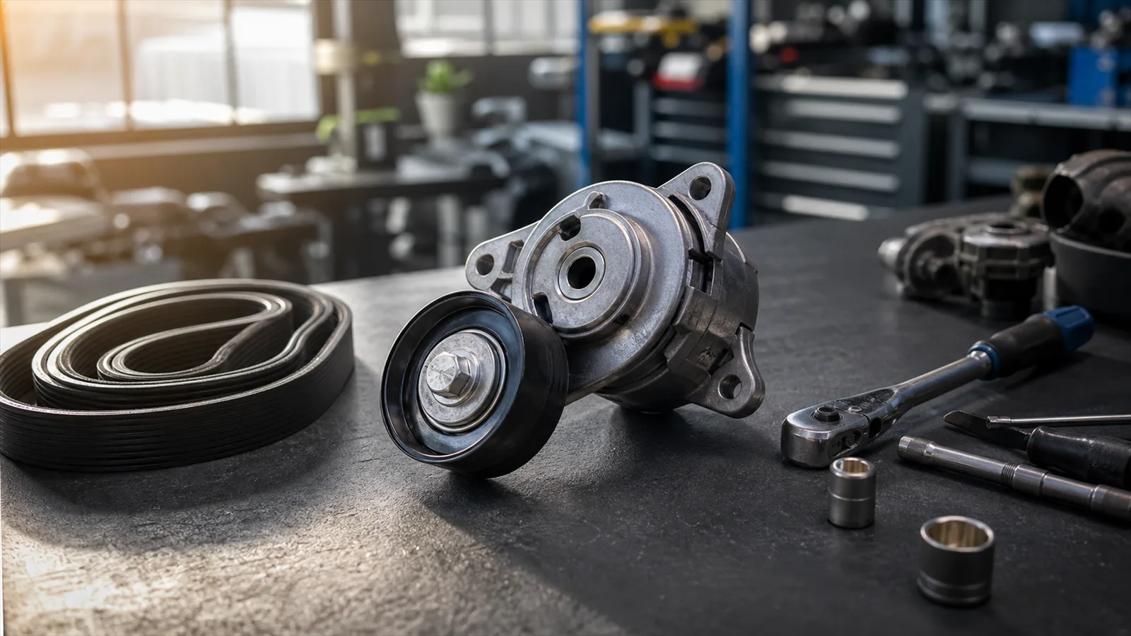 Premium photorealistic workshop scene showing a belt tensioner pulley assembly inspection on a clean service bench with no text or logos