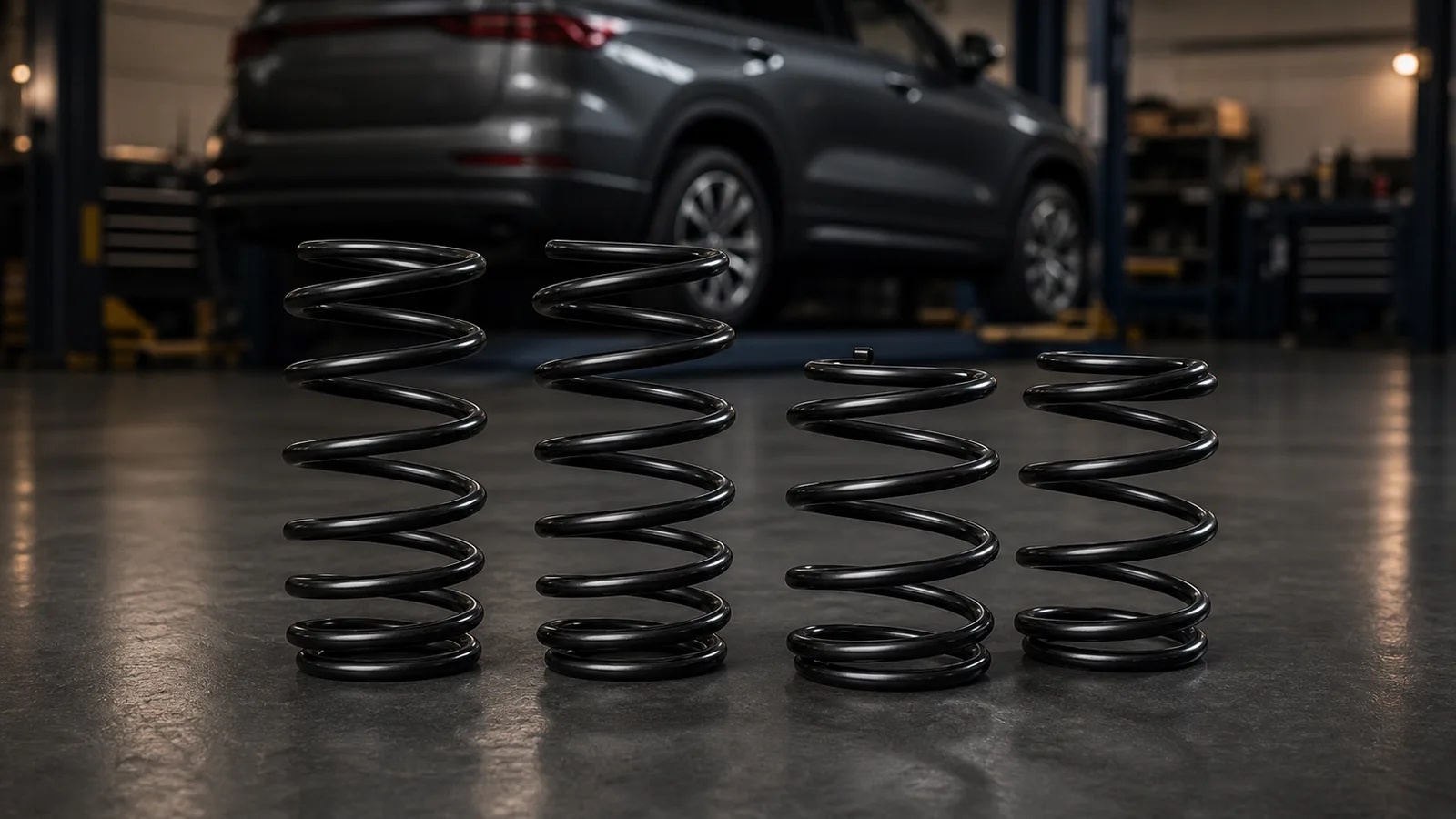 Unbranded black front and rear automotive coil springs arranged in a premium workshop setting