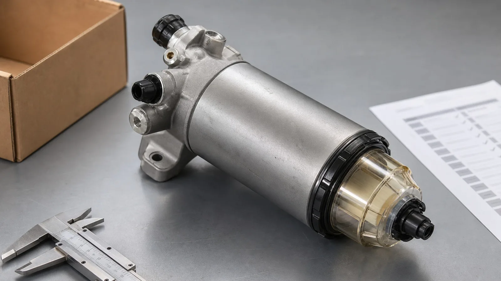 Unbranded diesel fuel filter water separator on a clean export auto parts workbench