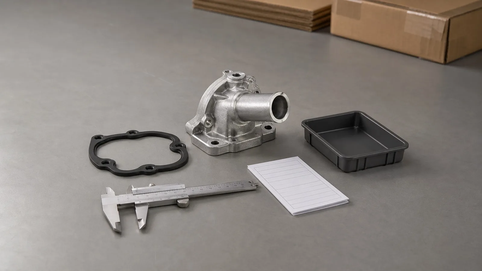 Photorealistic export auto-parts inspection bench with unbranded water outlet gasket, coolant housing, caliper, and packing materials