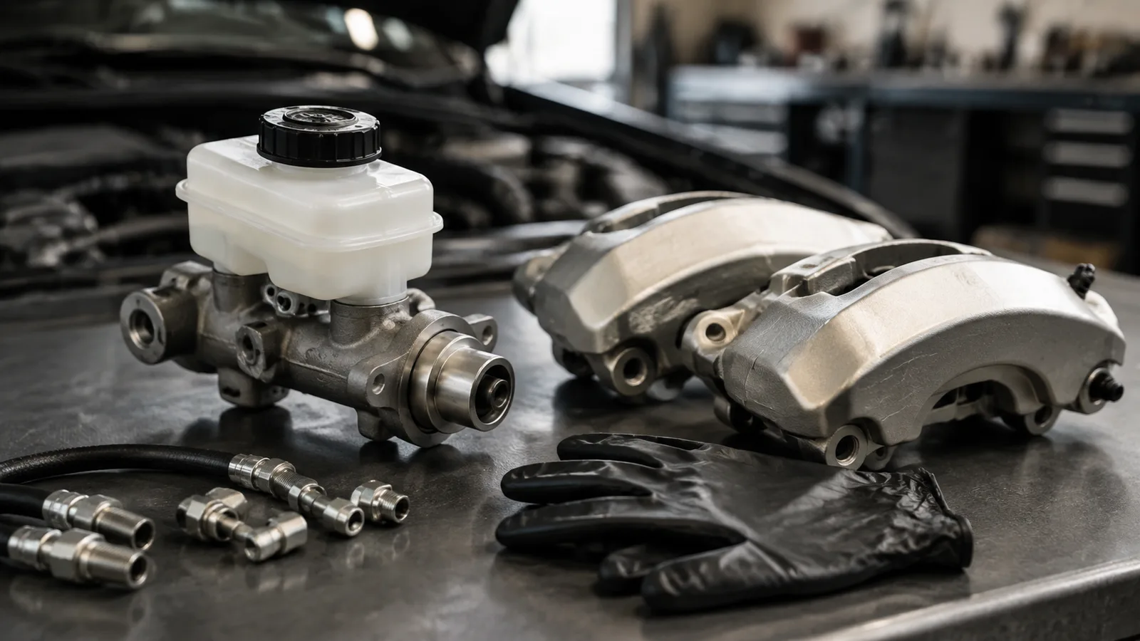 Premium photorealistic 16:9 editorial automotive workshop cover showing a clean unbranded brake master cylinder on a spotless mechanic bench beside calipers, a ruler, capped brake line fittings, nitrile gloves, and soft blurred engine-bay tools in the background, controlled natural side lighting, realistic metal and rubber texture, deep neutral tones, generous negative space, no people, no title text, no readable markings, no fake UI, no prices, no labels, no logos, no certifications, no unsupported claims, no collage, no placeholder, no rough cutout