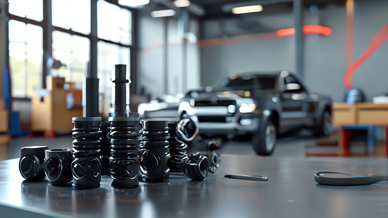 Generated workshop cover showing generic pickup shock absorber components and an export-ready suspension parts scene for Ford F-150 2014-On buyers