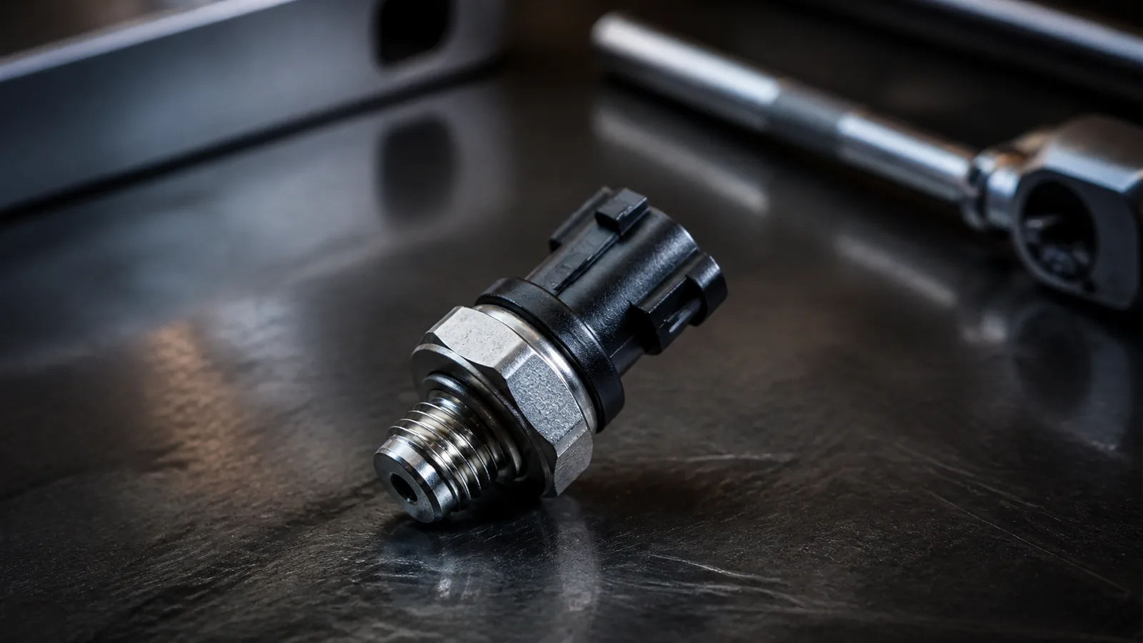 Premium workshop scene with a Ford diesel fuel rail pressure sensor inspection on a clean bench